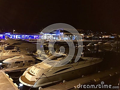 View of some boats at the marina in Sanxenxo, Galicia, Spain during night Editorial Stock Photo