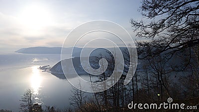 View of the source of the Angara river from lake Baikal in the Irkutsk region. The village of Listvyanka in Siberia, Russia. Stock Photo