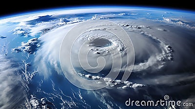 View from the space station of hurricane on planet Earth. Hurricane manifests as spiral formed by powerful clouds and stormy Stock Photo