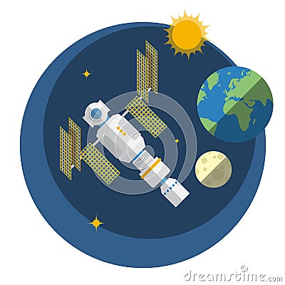 View of space station, sun, Earth and Moon. Vector Illustration