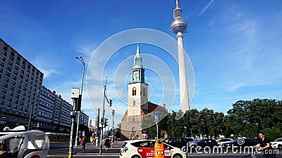 View from Spandauer Str. street with St. Mary`s Church and the Television Tower, Berlin, Germany Editorial Stock Photo