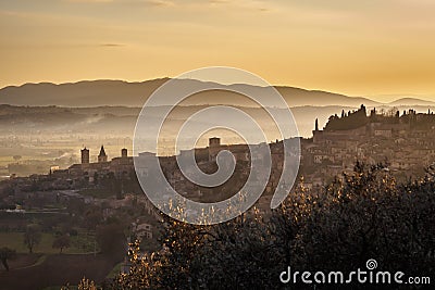 A view of Spello in Umbria at sunset. Stock Photo