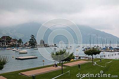 View on Spiez city and lake Thun, Switzerland, Europe Editorial Stock Photo