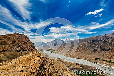 View of Spiti valley and Spiti river in Himalayas. Stock Photo