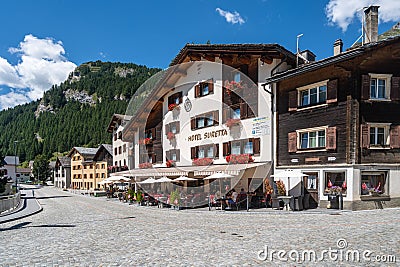 View of Splugen, a picturesque alpine village in Canton Grisons during summer season Editorial Stock Photo