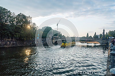 View of Spree river near Museumsinsel Museum Island with excursion boat at sunset time. Editorial Stock Photo