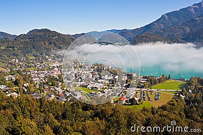 View of St. Gilgen, Wolfgangsee and mountains Stock Photo