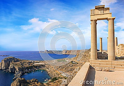 View of St. PaulÂ´s bay and ancient temple of goddess Athena on acropolis of Lindos Rhodes, Greece Stock Photo