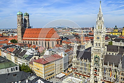 View from St. Peter's Church down to Marienplatz town hall and Church of Our Lady Frauenkirche of Munich Stock Photo