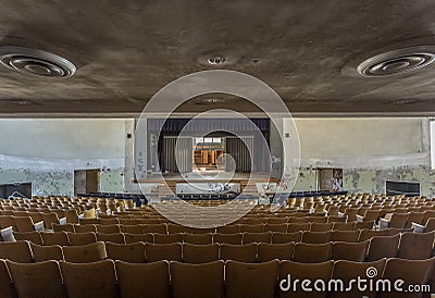 View of the stage in an abandoned auditorium Stock Photo