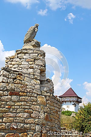 View of statue and tower as part of historic and culture reserve Busha, Vinnytsia region, Ukraine Stock Photo