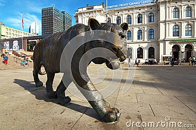 Statue of Walking Tiger in the Center of City of Oslo, Norway Editorial Stock Photo
