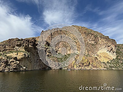 View of Canyon Lake and Rock Formations from a Steamboat in Arizona Stock Photo