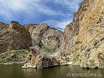 View of Canyon Lake and Rock Formations from a Steamboat in Arizona Stock Photo