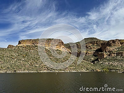 View of Canyon Lake and Rock Formations from a Steamboat in Arizona Stock Photo