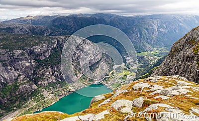 View from the steep cliff to Lyseboth norvegian village located at the end of Lysefjord, Forsand municipality, Rogaland county, Stock Photo