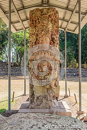 View at the Stela in Archaeological Site of Copan in Honduras Stock Photo