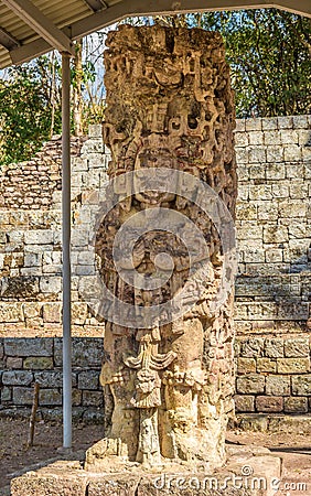 View at the Stela in Archaeological Site of Copan in Honduras Stock Photo