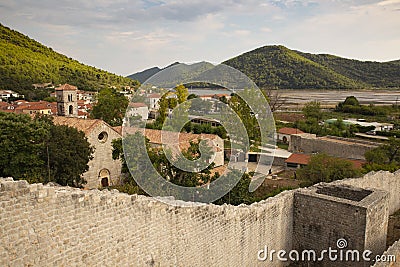 View of Ston town and its defensive walls, Peljesac Peninsula, Croatia. Ston was a major fort of the Ragusan Republic. Stock Photo