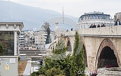 View of Stone Bridge and Skopje downtown Editorial Stock Photo