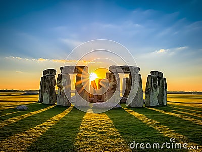 View of Stonehenge from under the golden sunlight Stock Photo