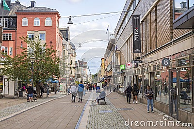 View of street with shops and boutiques day on summer day. Uppsala , Sweden, Editorial Stock Photo