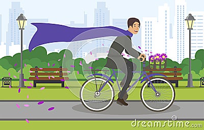 View Streets Big City Bike Ride Through Park. Vector Illustration