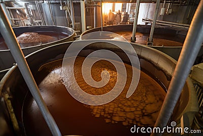 View of the sugar refining process, with molasses being separated from the sugar crystals in large centrifuges Stock Photo