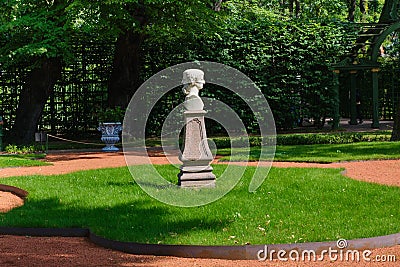 View of the Summer Garden park opened after the Covid-19 pandemic in the city center, the main fountain with many sculptures, visi Editorial Stock Photo