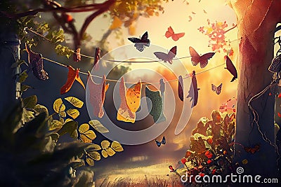 view of sun-dappled clothesline, with birds and butterflies fluttering nearby Stock Photo