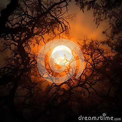 View of the sun framed by the delicate branches of trees. Stock Photo