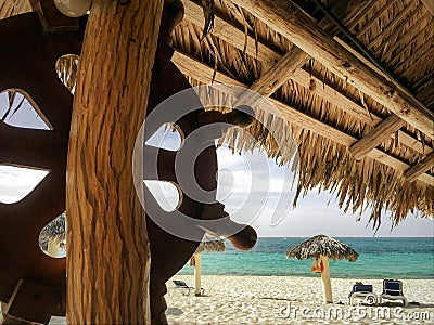 View on beach from inside restaurant on Cuban Sol Rio de Luna Mares resort beach property Editorial Stock Photo