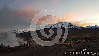 View at sunrise of El Tatio geyser field located in the Andes Mountains, Chile Stock Photo