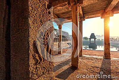 View of sunrise at Pushkarni, Sri Krishna tank in ruins. Hampi, karnataka, India Stock Photo