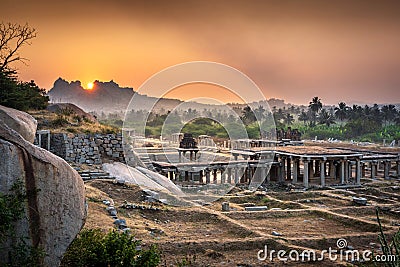 View of sunrise at Pushkarni, Sri Krishna tank in ruins. Hampi, karnataka, India Stock Photo