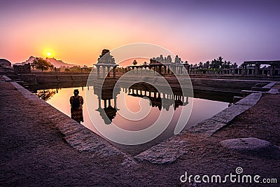 View of sunrise at Pushkarni, Sri Krishna tank in ruins. Hampi, karnataka, India Stock Photo