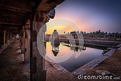 View of sunrise at Pushkarni, Sri Krishna tank in ruins. Hampi, karnataka, India Stock Photo