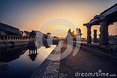 View of sunrise at Pushkarni, Sri Krishna tank in ruins. Hampi, karnataka, India Stock Photo