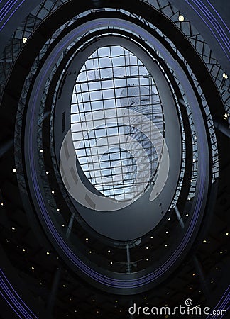 A view through a sunroof of a tall building Sky Tower in Wroclaw Stock Photo