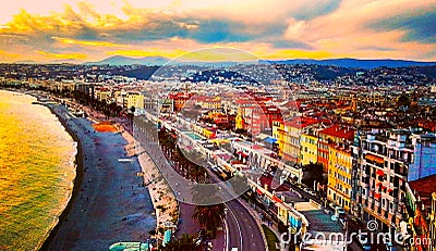 View of sunset at sea of Mediterranean Sea, Bay of Angels, Cote d`Azur, French Riviera, Nice, France Stock Photo