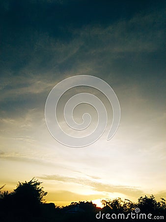 View of the sunset between the shady trees Stock Photo