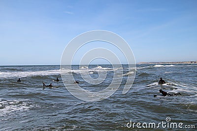 View of surfers at Lokken beach in North Jutland Stock Photo