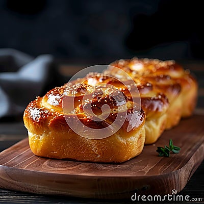 view Sweet temptation Brioche on dark background, leaving space for text Stock Photo