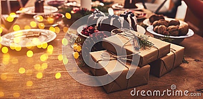 View of table served for Christmas family dinner. Table concept Stock Photo