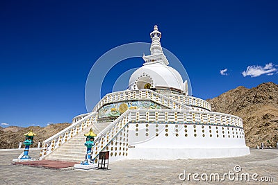 View of Tall Shanti stupa with blue sky, the big stupa in Leh and one from the best buddhist stupas in Jammu and Kashmir, Ladakh, Stock Photo