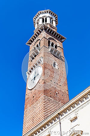 View of tall tower Torre dei Lamberti in Verona Stock Photo