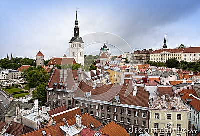 View of Tallinn, roofs of houses, St. Nicholas' Church and Alexander Nevsky Cathedral. Editorial Stock Photo