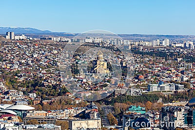 View of Tbilisi with Sameba, Trinity Church and other landmarks Stock Photo