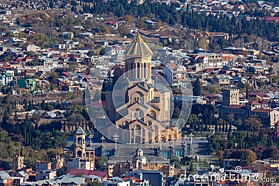 View of Tbilisi with Sameba, Trinity Church and other landmarks Stock Photo