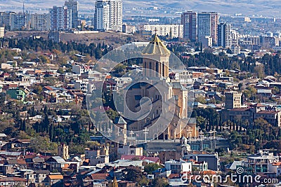View of Tbilisi with Sameba, Trinity Church and other landmarks Editorial Stock Photo